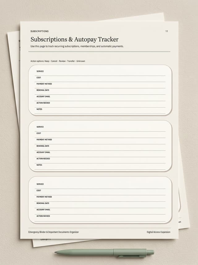 Subscriptions and Autopay Tracker printable page