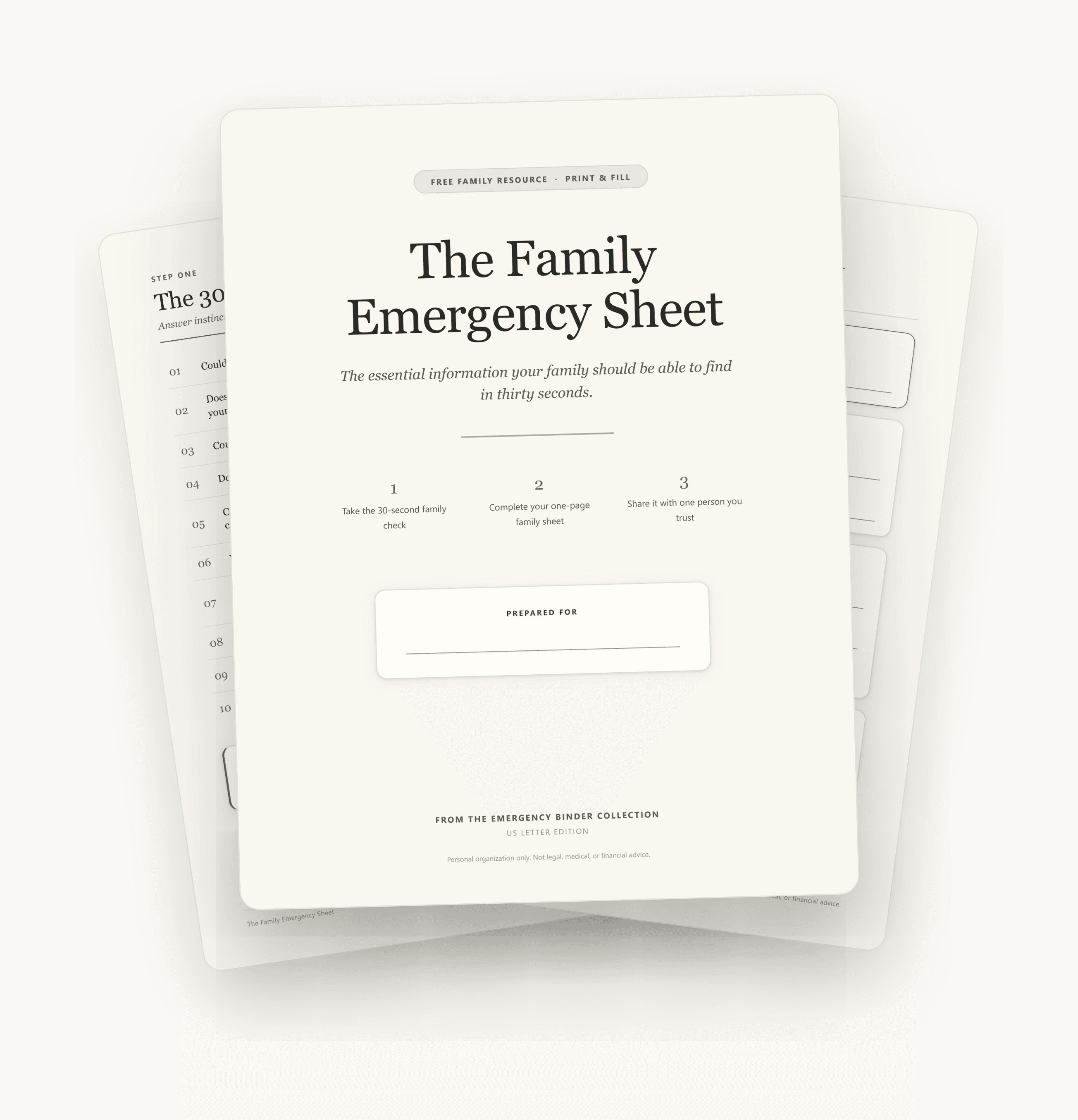 The Family Emergency Sheet free four-page kit displayed as a finished stack of printable pages
