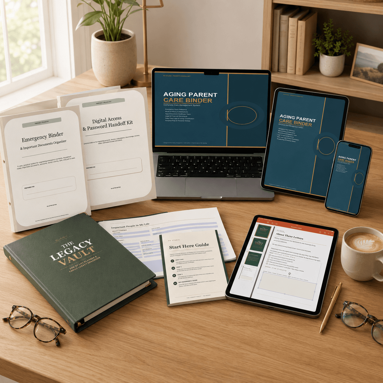 The Ultimate Family Preparedness System — Emergency Binder, Aging Parent Care Binder, and Legacy Vault shown together