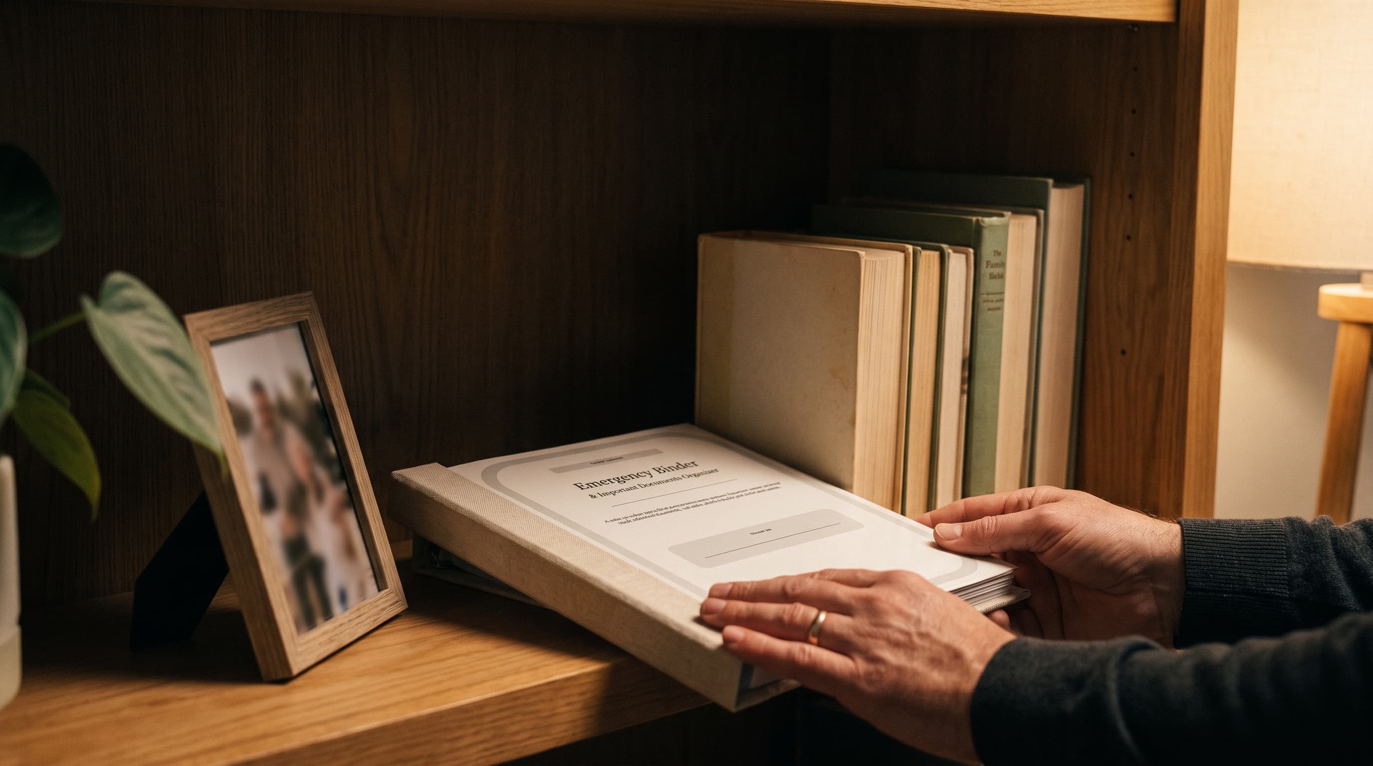 Hands placing the completed Emergency Binder on a home bookshelf beside books and a framed family photo