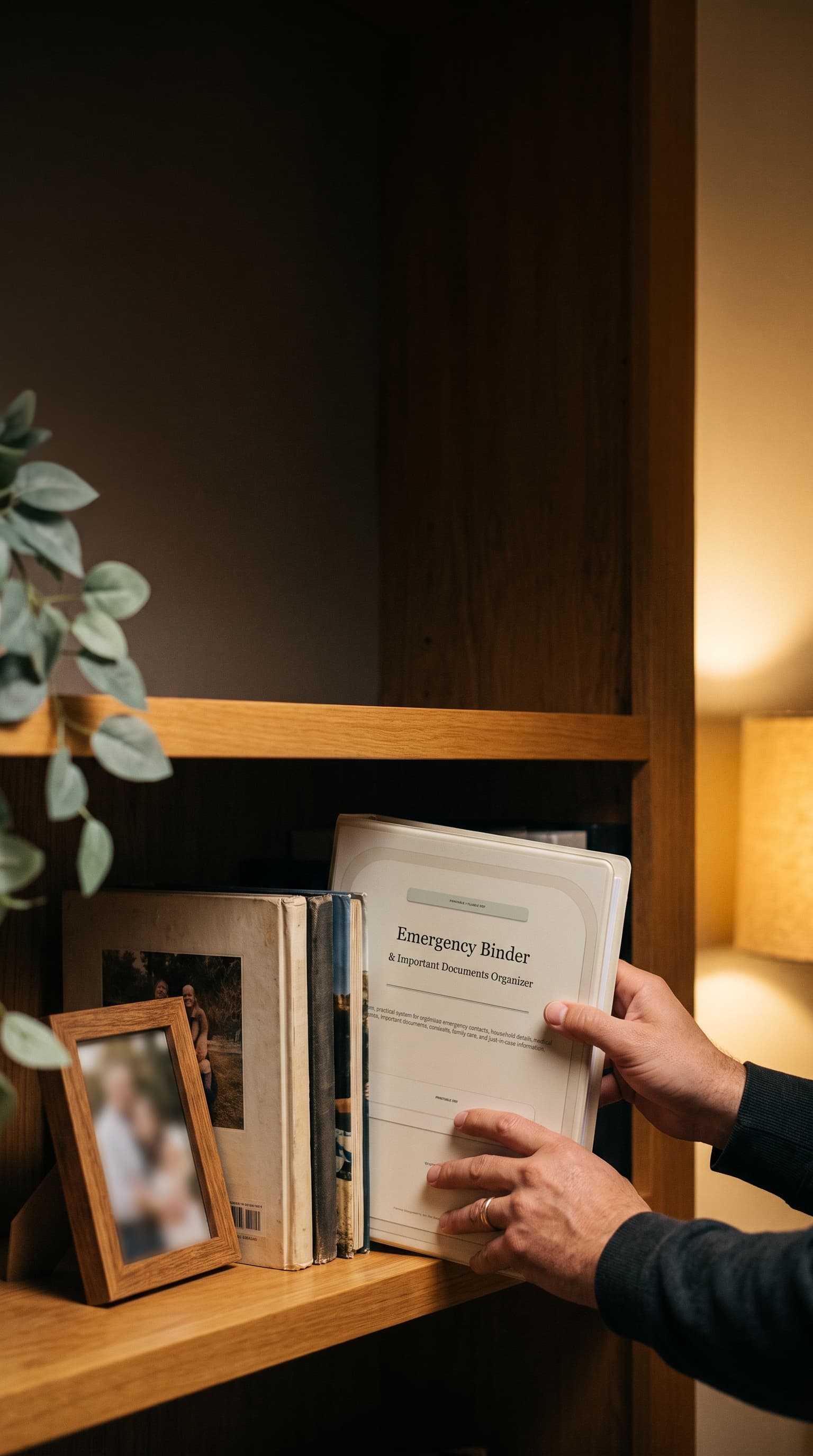 Hands placing the completed Emergency Binder on a warm home bookshelf