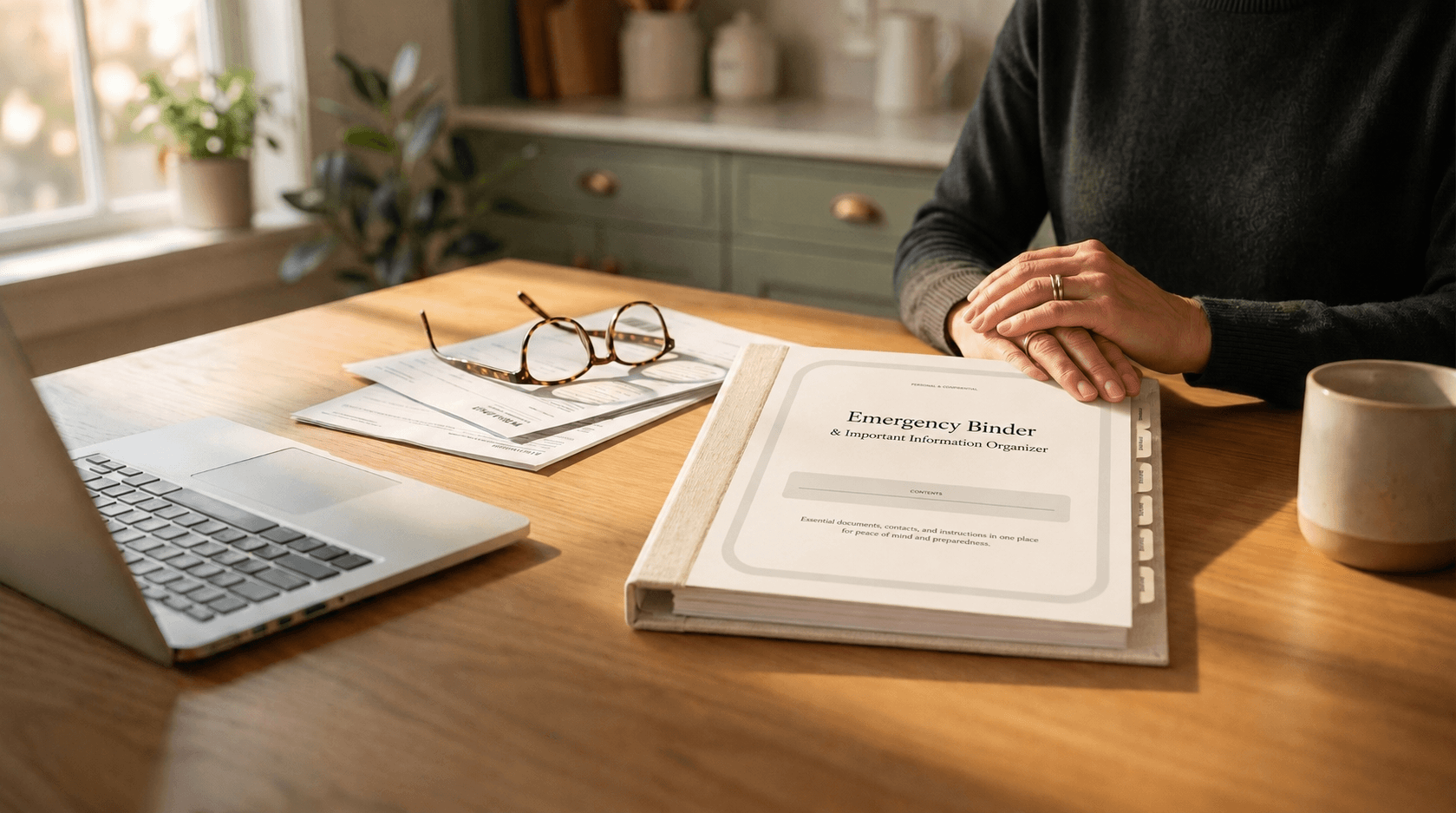 A person at a warm wooden kitchen table with the Emergency Binder, a laptop and family documents in soft natural light