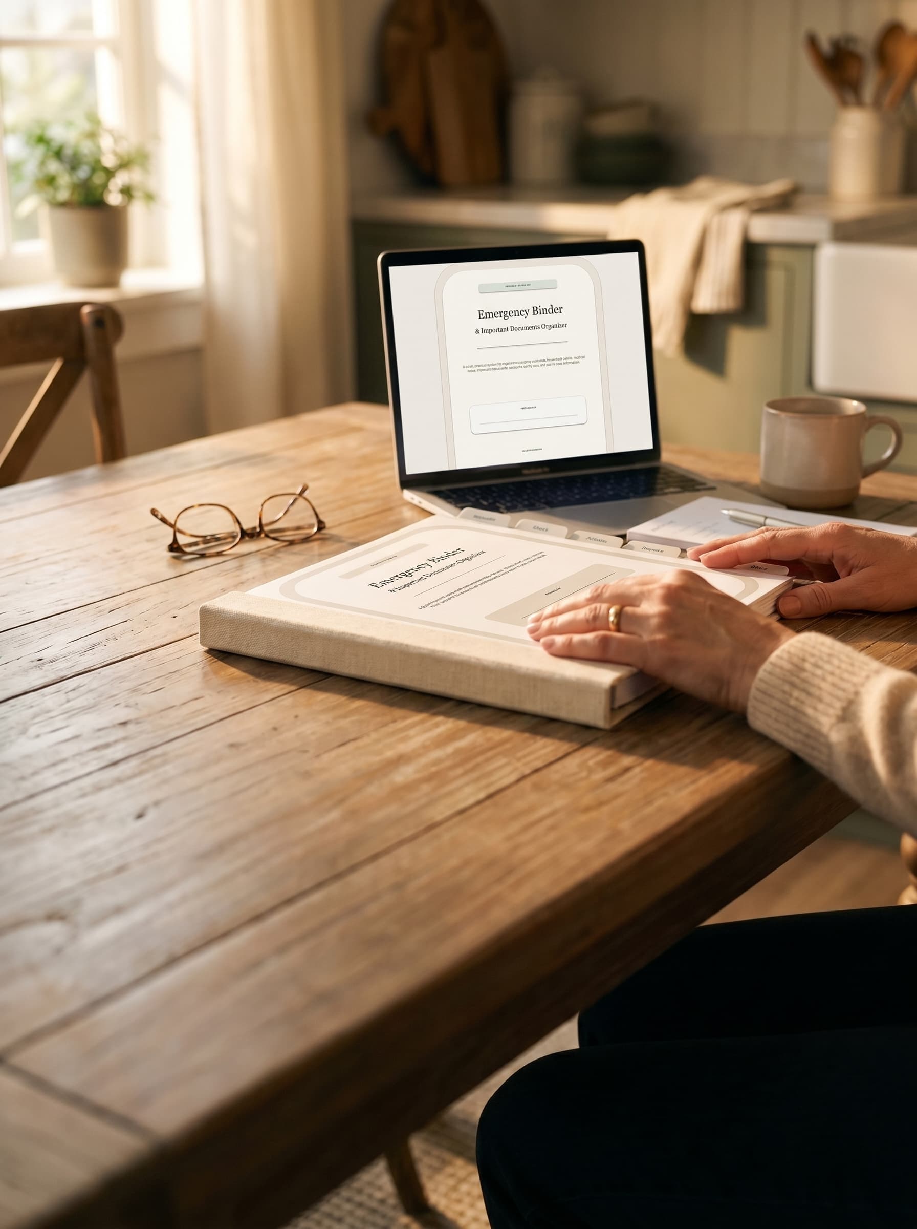 The Emergency Binder open on a warm wooden kitchen table beside a laptop at golden hour