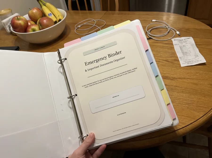 A customer's printed Emergency Binder in a white ring binder with tab dividers, on a kitchen table