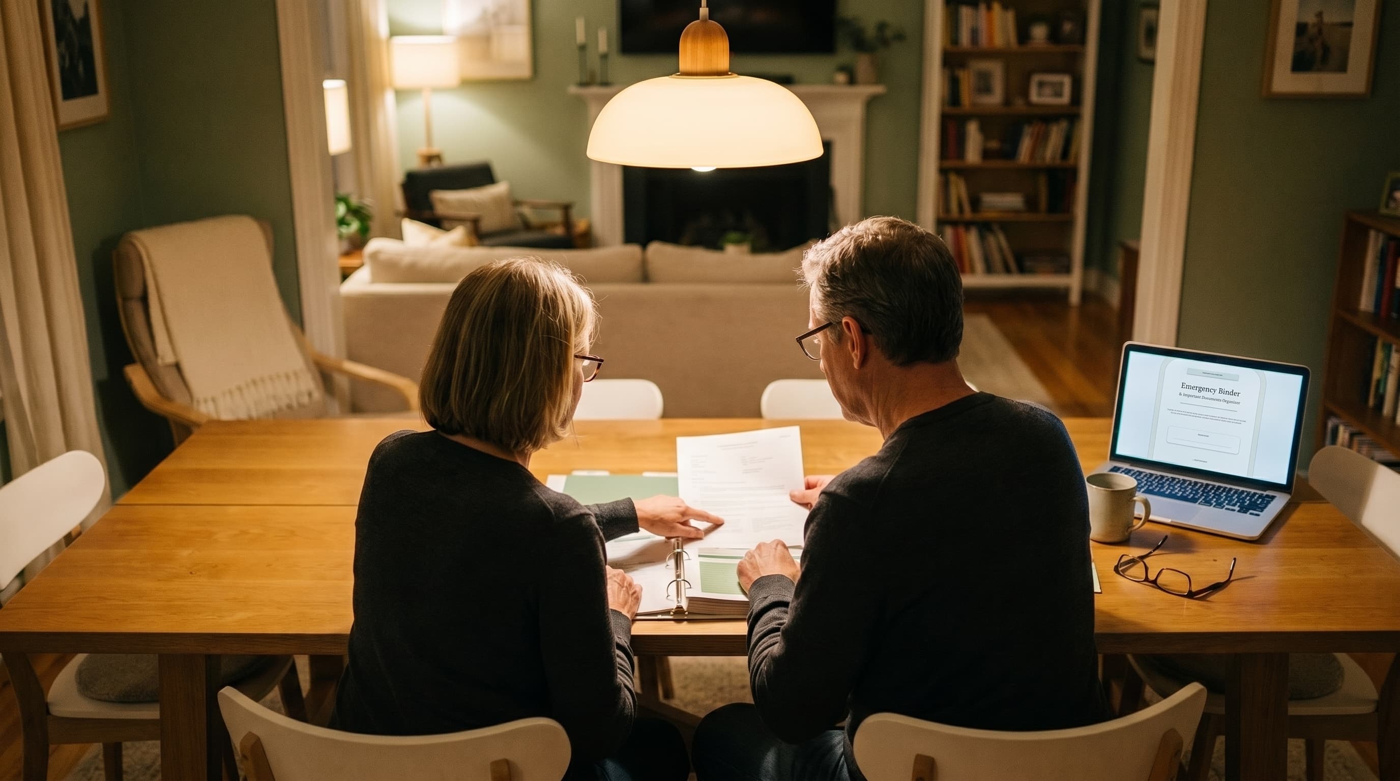 A couple reviewing their Emergency Binder documents together at the dining table in warm evening light