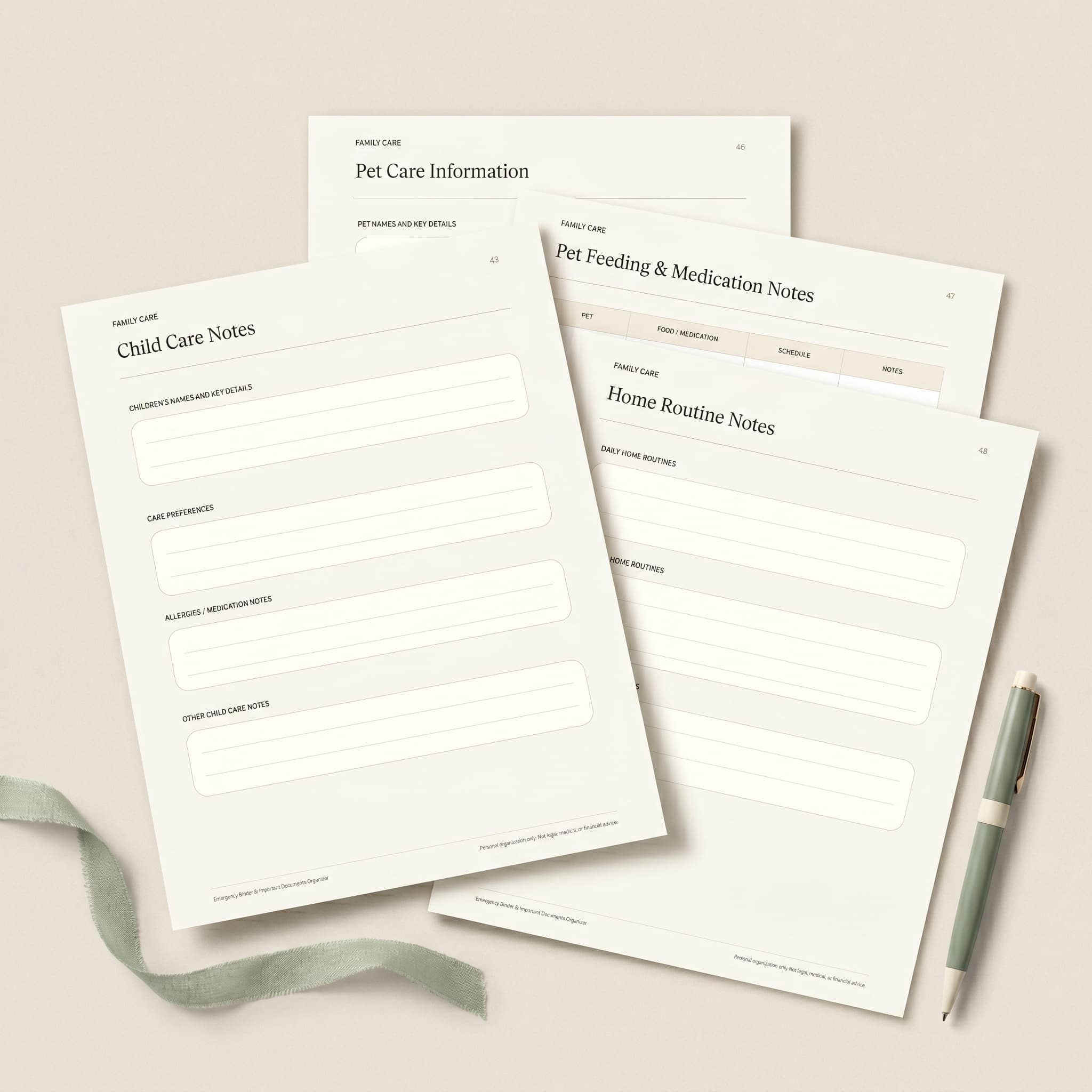Family Care pages including Child Care Notes, Pet Care Information, Pet Feeding & Medication Notes, and Home Routine Notes